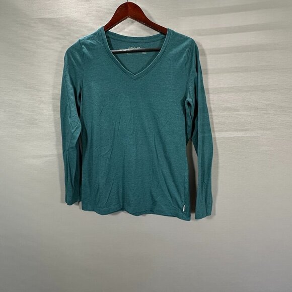 Eddie Bauer Top Womens Medium VNeck Tee Shirt Long Sleeve Green Cotton Pullover - Picture 1 of 6